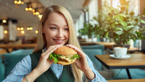 AI generated, human, humans, person, persons, woman, woman, 25, years, sits in restaurant, a person, seasons, eats, eating, burger, hamburger, snack bar