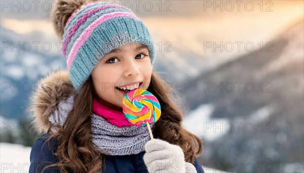 AI generated, Two little girls are happy about a lolly, lollipop, lollipop, human, people, person, persons, child, children, 10, years, two, outdoor, ice, snow, winter, seasons, eats, eating, hat, bobble hat, gloves, winter jacket, cold, coldness