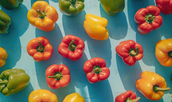 Red and yellow bell peppers on blue background. Top view. Flat lay AI generated