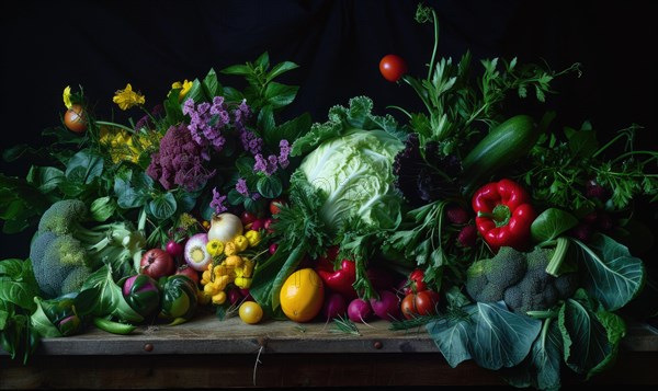 Still life Vegetables, Herbs and Fruit as ingredients in cooking. AI generated