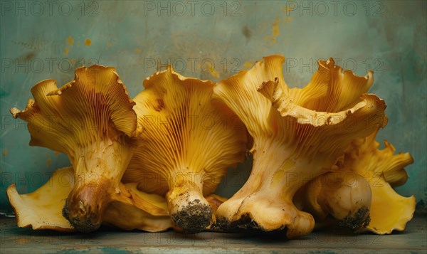 Chanterelle mushrooms on a wooden table AI generated