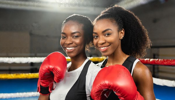 AI generated, woman, woman, 35, years, Thai, Thai, sport, boxing, gloves, Thai boxing, Muay Thai, two people, portrait, athletic, fight, fighting, popular sport, Thai boxer, boxing, boxing ring, African, African woman