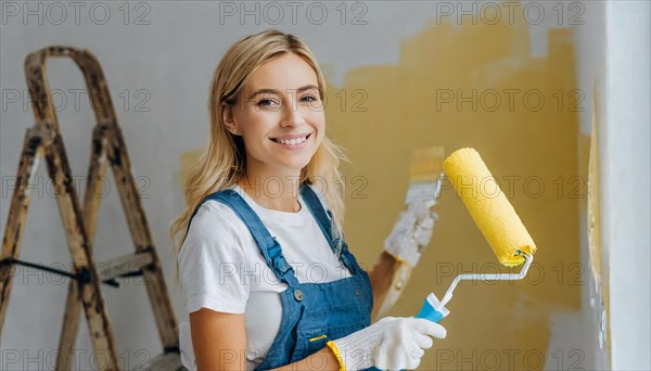 AI generated, woman, woman, a young girl paints a wall with new paint, yellow, yellow, renovation of old flat, paint roller, ladder, paint, 20, 25, years, one, one person, daughter, student, pastime, family, girl, smiling, smiling, fun at work, laughing, laughing, laughing, dungarees, jeans