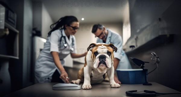 English bulldog dog in a veterinary clinic with a veterinarian, AI generated