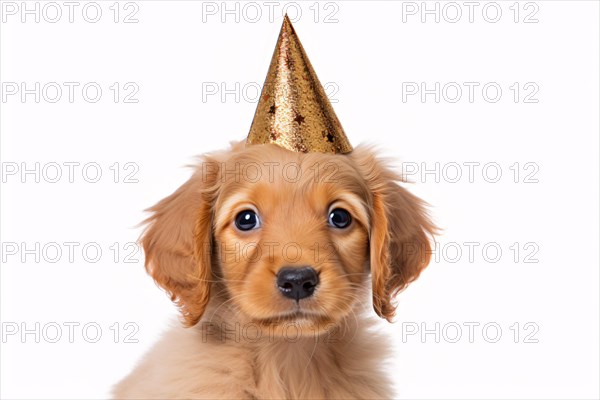 Puppy dog with golden party hat on white background. KI generiert, generiert AI generated