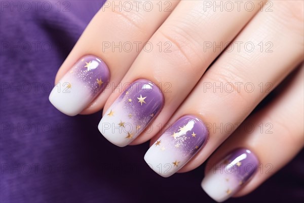 Woman's fingernails with purple and white nail art deisgn with golden stars. KI generiert, generiert AI generated