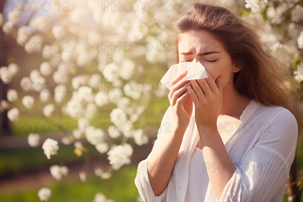 Pollen allergy concept with sneezing woman in fornt of blooming trees with white spring flowers. KI generiert, generiert AI generated