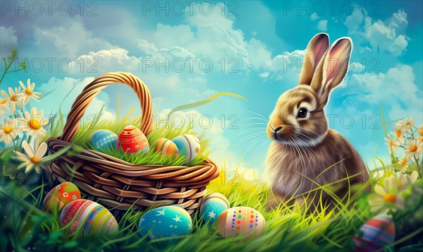 Cute Easter bunny sits beside a basket filled with colorful, decorated eggs amidst a vibrant green field under the bright, sunny sky. The festive spirit of Easter and the joy of nature, AI generated