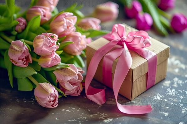 Gift Box with Pink Ribbon Beside bouquet of Fresh Tulips. Background for Valentine day, March 8, mother day, spring holidays, birthday, AI generated