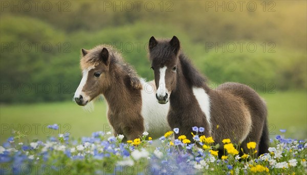 KI generated, animal, animals, mammal, mammals, biotope, habitat, two, flower meadow, foraging, wildlife, meadow, pasture, Exmoor pony, horse, horses, ungulates, English pony breed, South West England, Exmoor, (Equus ferus caballus), foal