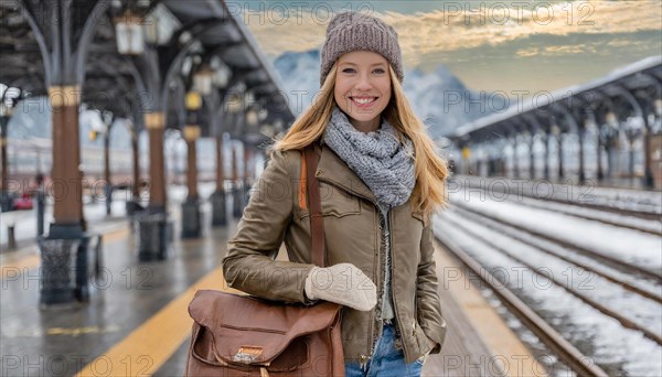 AI generated, A young blonde woman wants to travel and waits for the train at the station, 20, 25, blonde, blond, blonde, modern, modern, handbag, leather jacket, boots, sexy, attractive, attractive, long-haired, transport, traffic