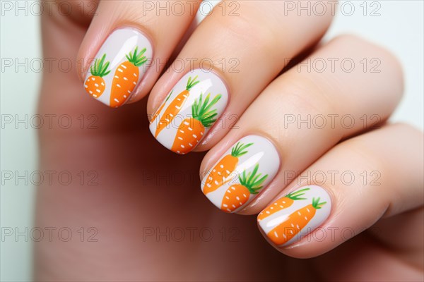 Close up of woman's fingernails with Easter carrot design nail art. KI generiert, generiert AI generated