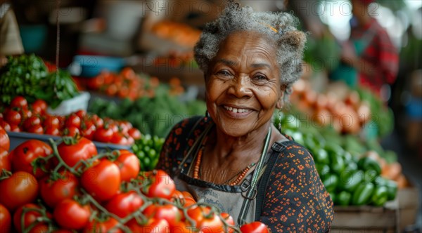 Smiling elderly vendor in an apron with fresh tomatoes at a busy marketplace, ai generated, AI generated