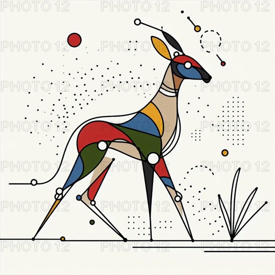 Dynamic abstract illustration of a gazelle crafted with geometric shapes and color blocks, continuous line art, creature is stylized and simplified to the most basic geometric forms, exaggerated features, adorned with splashes of primary colors, clean white solid background, with subtle geometric shapes and thin, straight lines that intersect with dotted nodes and overlap the figures. The overall aesthetic is modern and contemporary, AI generated