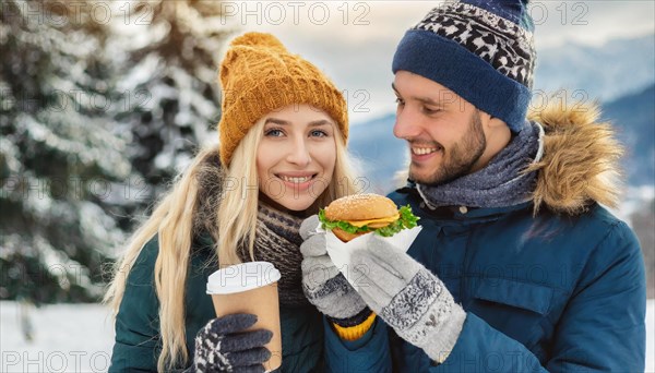 AI generated, human, humans, person, persons, man, woman, woman, 25, 30, years, two, outdoor, ice, snow, winter, seasons, eats, eat, drinks, drinking, cap, bobble hat, gloves, winter jacket, cold, cold, burger, hamburger, coffee to go, coffee, coffee mug