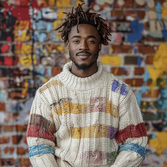 Portrait of a happy student standing in front of a colored background with a trendy sweater smiling, AI generated