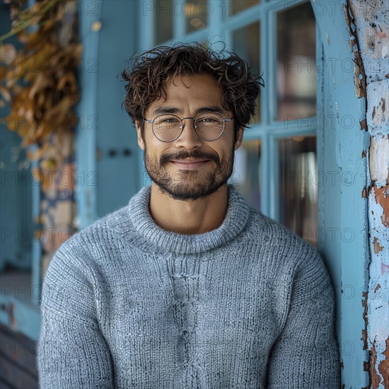 Portrait of a happy student standing in front of a colored background with a trendy sweater smiling, AI generated