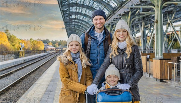 AI generated, A young family wants to travel and waits in the station for the train, 30, 35, years, blond, blonde, man, woman, child, children, 10, 12, modern, modern, suitcase, handbag, winter jacket, white, sneakers, shoes, sexy, attractive, attractive, long-haired, transport, traffic, four people, family