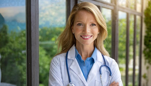 AI generated, A young pharmacist in her pharmacy, portrait, 30, 35, years, female, blonde, blond, blonde, beautiful teeth, smiles, long hair, profession, professions, medicines in the background