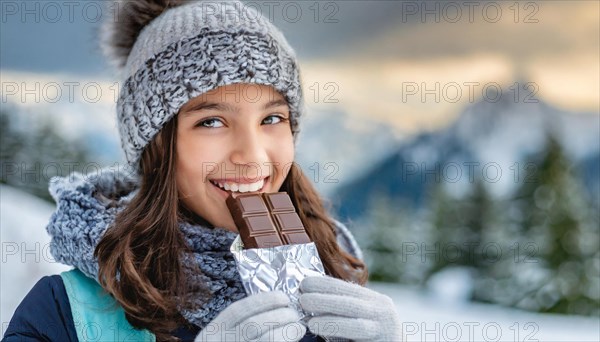 KI generated, Young girl, 15, years, eating a bar of chocolate, one person, outdoor shot, ice, snow, winter, seasons, eating, eating, hat, bobble hat, gloves, winter jacket, cold, coldness