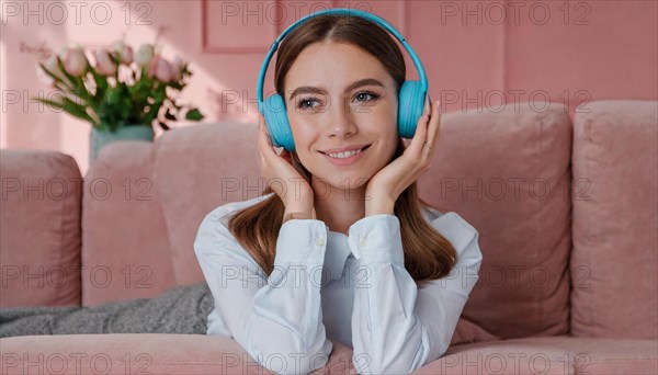 AI generated, human, humans, person, persons, woman, woman, girls, 20, 25, years, one person, interior shot, sitting on the sofa and listening to music with headphones, relaxed, relaxed, blue headphones, beautiful teeth, beautiful eyes, smiling, happy