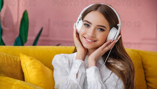AI generated, human, humans, person, persons, woman, woman, girls, 20, 25, years, one person, interior shot, sitting on the sofa and listening to music with headphones, relaxed, relaxed, white headphones, beautiful teeth, beautiful eyes, smiling, happy
