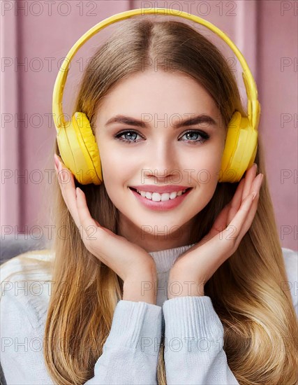 AI generated, human, humans, person, persons, woman, woman, girls, 20, 25, years, one person, interior shot, sitting on the. sofa and listening to music with the headphones, relaxed, relaxed, yellow headphones, beautiful teeth, beautiful eyes, smiles, happy, blonde, blonde, blonde