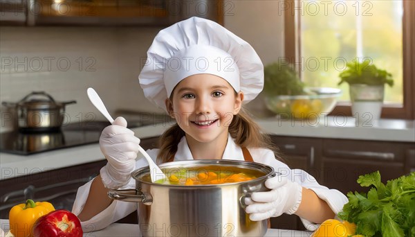 AI generated, human, humans, person, persons, child, children, 8 year old girl cooking a vegetable soup in a white kitchen, chef's hat, smock, cute, cute, cute, beautiful eyes, beautiful teeth, cook, cook, kitchen table, vegetables, onions, garlic