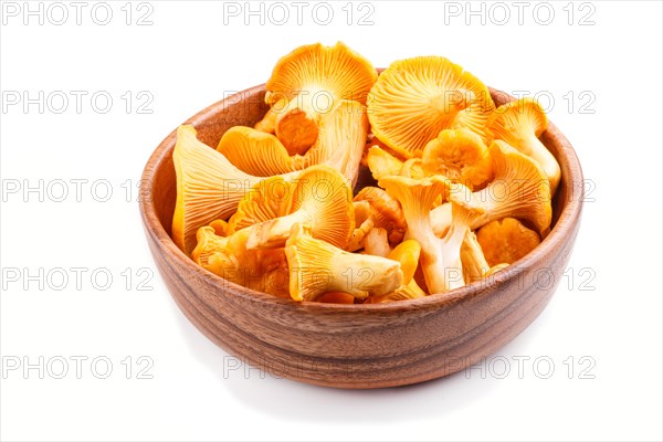 Bunch of chanterelle mushrooms in wooden bowl isolated on white background. side view, close up