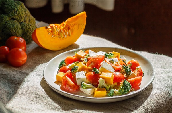 Vegetarian salad with broccoli, tomatoes, feta cheese, and pumpkin on white ceramic plate on linen textile, side view, close up, selective focus, natural day light