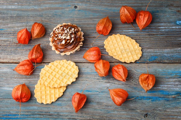 Sweet waffle, cake with cream and red physalis on a rustic blue wooden background