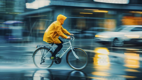 Cyclist in yellow suit races across wet, light-reflecting road in the rain, AI generated, AI generated