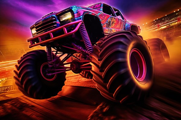 Monster truck with neon lighting, jumping off-road in cloud of dust. Excitement and thrill of an extreme sport, AI generated