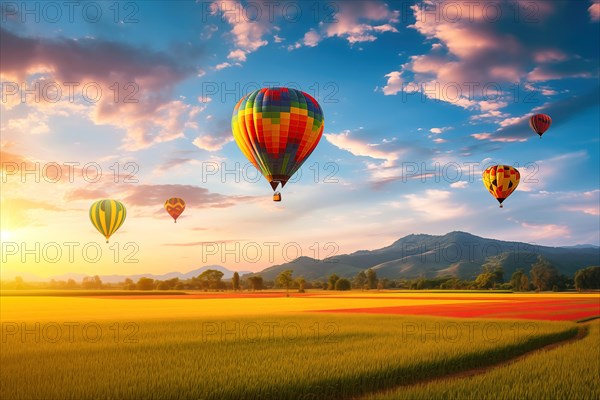 A colorful hot air balloons floats in sky over a blooming field meadow of flowers landscape at sunset with orange and blue skies in the background. Travel journey adventure beauty of nature concept, AI generated