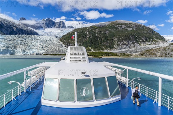 Cruise ship Stella Australis anchors in front of the Pia Glacier, Alberto de Agostini National Park, Avenue of the Glaciers, Chilean Arctic, Patagonia, Chile, South America