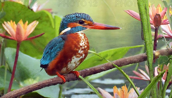 KI generated, animal, animals, bird, birds, biotope, habitat, a, individual, water, perch, reeds, water lilies, blue sky, foraging, wildlife, summer, seasons, white-throated kingfisher (Halcyon smyrnensis)