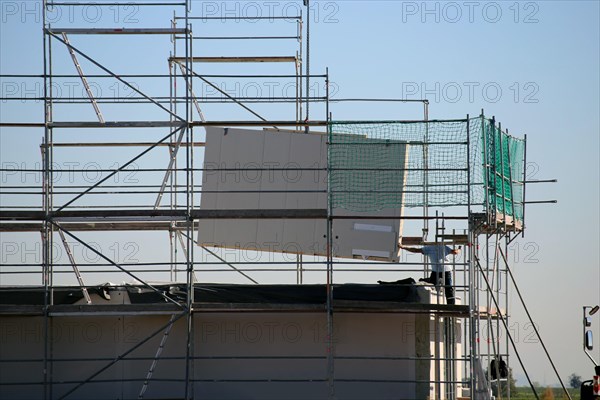 Prefabricated house under construction, the exterior walls are being delivered (Bad Duerkheim, Rhineland-Palatinate)