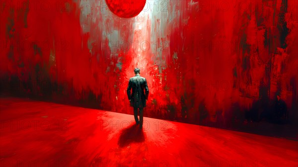 A painting painted in red and black, with a lonely man, dressed in a dark frock coat, walking along a red path towards a red painted wall, AI generated, AI generated