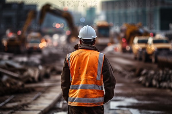 Back view of construction worker with safety vest and helmet at construction site. KI generiert, generiert AI generated