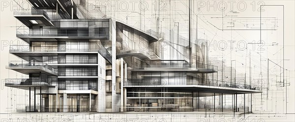Architectural blueprint with a modern design concept in dark tones, horizontal aspect ratio, off white background color, AI generated