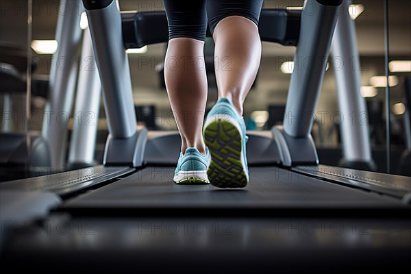 Back view of woman with sport shoes on treadmill in fitness studio. KI generiert, generiert AI generated