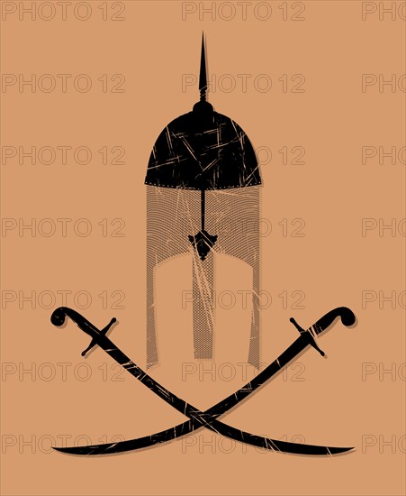 Ottoman warrior helm and swords, vector grunge effect