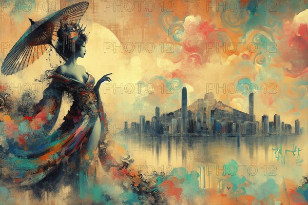 Ethereal art of asian enticing beautiful woman wearing sexy long dress, with a parasol against a city skyline reflected in water, japanese themed shunga style based, AI Generated, AI generated