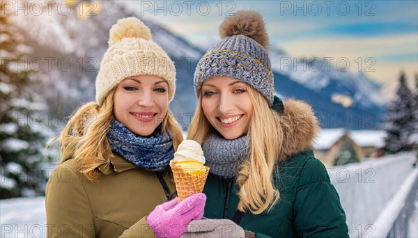 AI generated, human, humans, person, persons, woman, woman, two, 20, 25, years, outdoor, ice, snow, winter, seasons, eats, eating, ice cream, waffle ice cream, waffle, Italian ice cream, cap, bobble hat, gloves, winter jacket, cold, coldness
