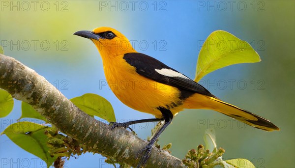 KI generated, animal, animals, bird, birds, biotope, habitat, one, individual, blue sky, foraging, wildlife, summer, seasons, eurasian golden orioles (Oriolus oriolus), oriole, tree, branch