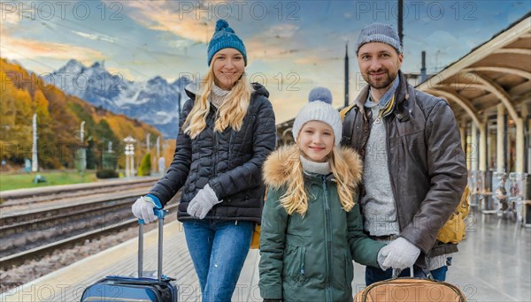 AI generated, A young family wants to travel and waits in the station for the train, 30, 35, years, blond, blonde, man, woman, iKnd, children, 10, 12, modern, modern suitcase, handbag, winter jacket, white, sneakers, shoes, sexy, attractive, attractive, long-haired, transport, traffic, three people, family
