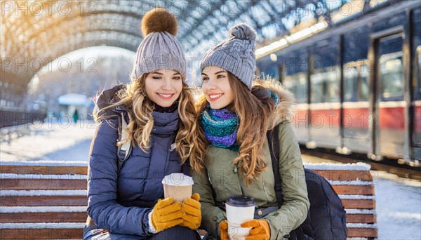 AI generated, Two young blonde woman want to travel and wait in the station for the train, 20, 25, blond, blonde, blonde, modern, modern, handbag, jeans, winter jacket, white, sneakers, shoes, bobble hat, coffee to go in hand, transport, traffic, two people, ice, snow, winter