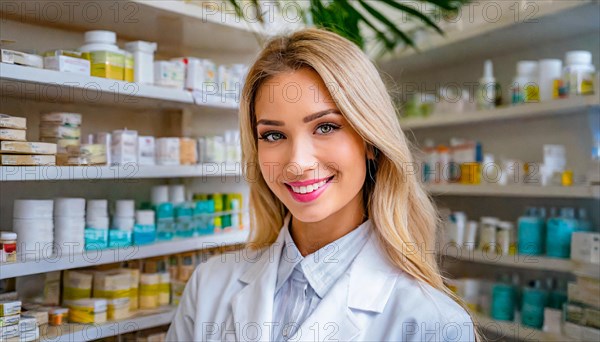 AI generated, A young pharmacist in her pharmacy, portrait, 30, 35, years, female, blonde, blond, blonde, beautiful teeth, smiles, long hair, profession, professions, medicines in the background