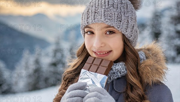 KI generated, Young girl, 15, years, eating a bar of chocolate, one person, outdoor shot, ice, snow, winter, seasons, eating, eating, hat, bobble hat, gloves, winter jacket, cold, coldness