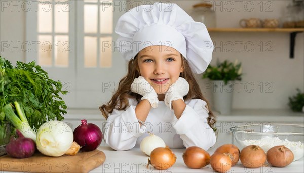 AI generated, human, humans, person, persons, child, children, 8 year old girl cutting onions in a white kitchen, chef hat, smock, cute, cute, beautiful eyes, beautiful teeth, cook, cook, kitchen table, vegetables, onions, garlic